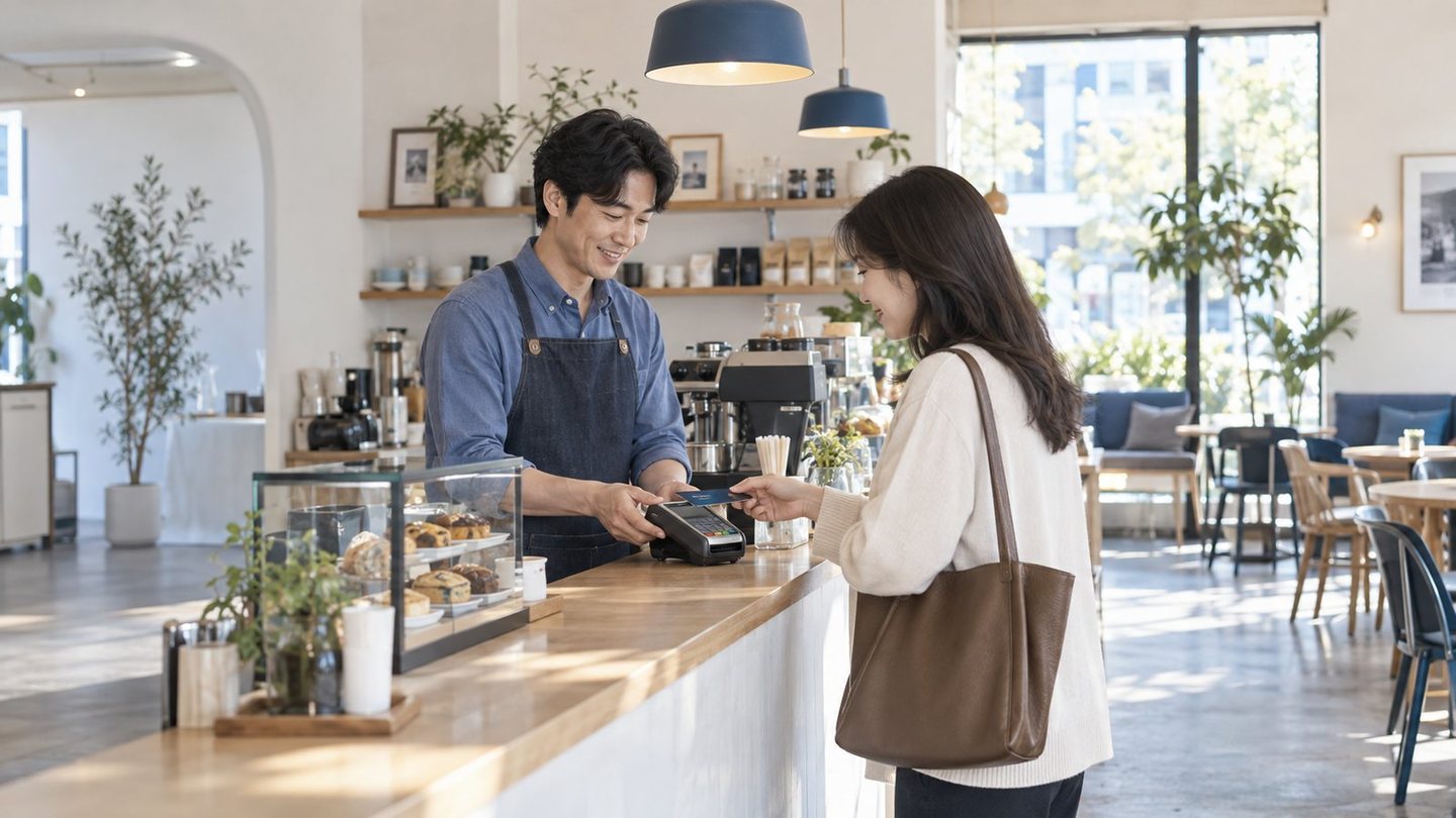 매장 직원과 고객이 결제 내용을 확인하는 장면 — 무선 카드단말기 정산정산, 당일과 익일 가운데 고르세요. 연락 주시면 통장 흐름을 듣고 함께 정해 드려요.